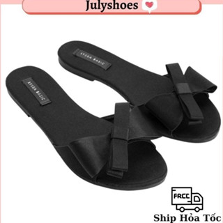 Dép Nữ Dép Lê Nữ Quai Ngang Nơ Lụa Đen Đế Bệt Mũi Tròn Sang Chảnh