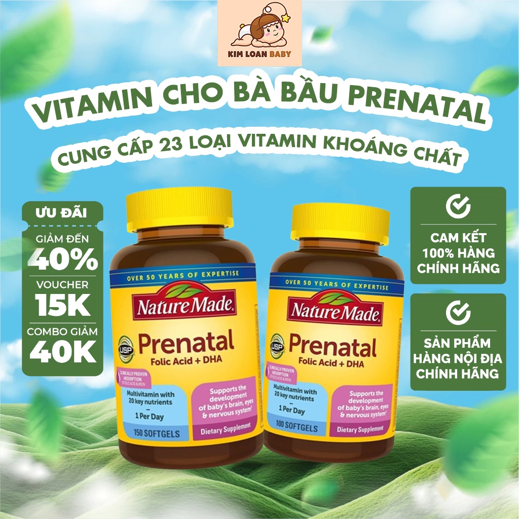 Vitamin tổng hợp cho bà bầu Nature Made Prenatal Folic Acid + DHA của Mỹ bổ sung vitamin, khoáng chất hộp 150 viên