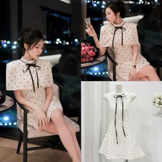 (Kèm Áo Choàng) : Váy Sát Nách Ba Lỗ Chấm Bi Chiết Eo Thắt Nơ Đen Tiểu Thư , Sang Chảnh- Ảnh Thật Trải Sàn Lollaye