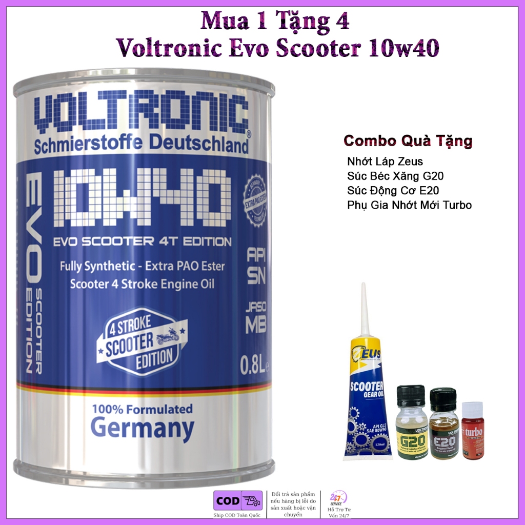   Tặng 4 Quà  Dầu Nhớt Xe Tay Ga Voltronic Evo Scooter 10w40 Tặng Láp Zeus E20 G20 Turbo 