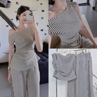 (Hàng 3 Size): Sét Áo Xốp Lệch Vai Kẻ Sọc Đen Rúm Hông Phối Quần Xuông Ống Rộng Cùng Tone Cá Tính - Ảnh Thật Lollaye