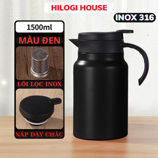 Ấm pha trà giữ nhiệt 1500ml tặng 4 ly thủy tinh Hilogi house, inox 316, lõi lọc inox, bình pha cafe, giữ nóng 10h, 20g