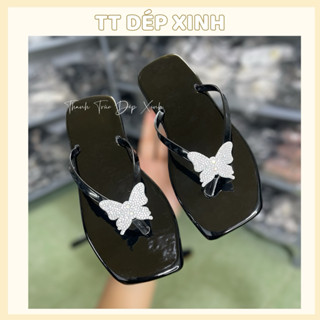  Dép lê nữ dép kẹp 2 quai trơn bóng gắn bướm đính đá siêu sáng 