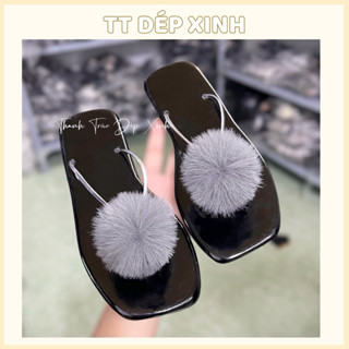 Dép lê nữ, dép kẹp gắn lông cục tròn siêu xinh, nền bóng không bám bẩn