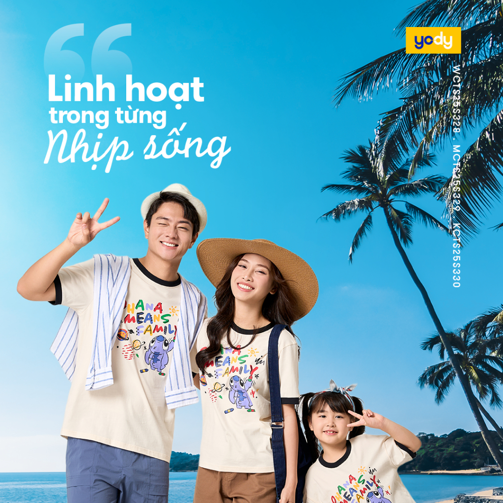 [Đồng giá] Áo thun YODY đồng phục gia đình Stitch Ohana Means Family vải cotton thoáng mát, thấm hút WCTS25S328