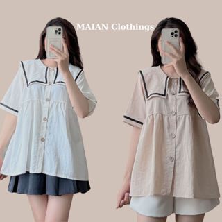 Áo sơ mi nữ tay ngắn học sinh công sở A8386 Áo kiểu dáng babydoll Hàn Quốc cổ thủy thủ viền đen phong cách vintage