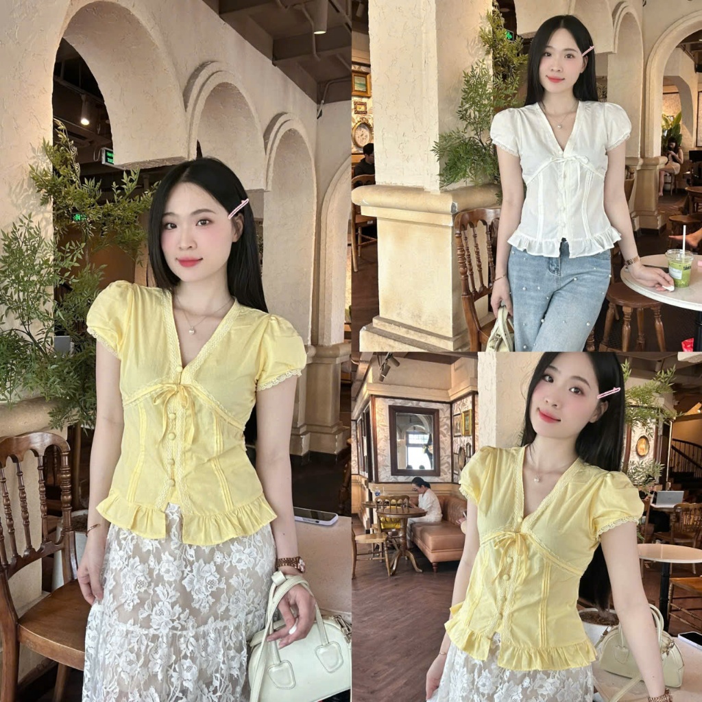 Áo kiểu hottrend nữ cổ V phối ren nút bọc trẻ trung LAMO - B1445 | BigBuy360 - bigbuy360.vn