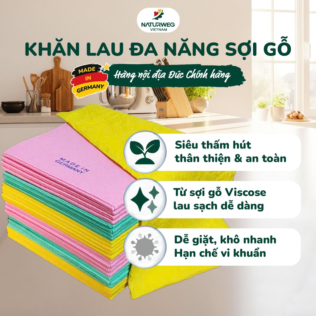 [Nội địa Đức] Khăn Lau Đa Năng MEIKO Sợi Gỗ Viscose, Siêu Thấm Hút, Dễ Giặt, Nhanh Khô, 38x38cm