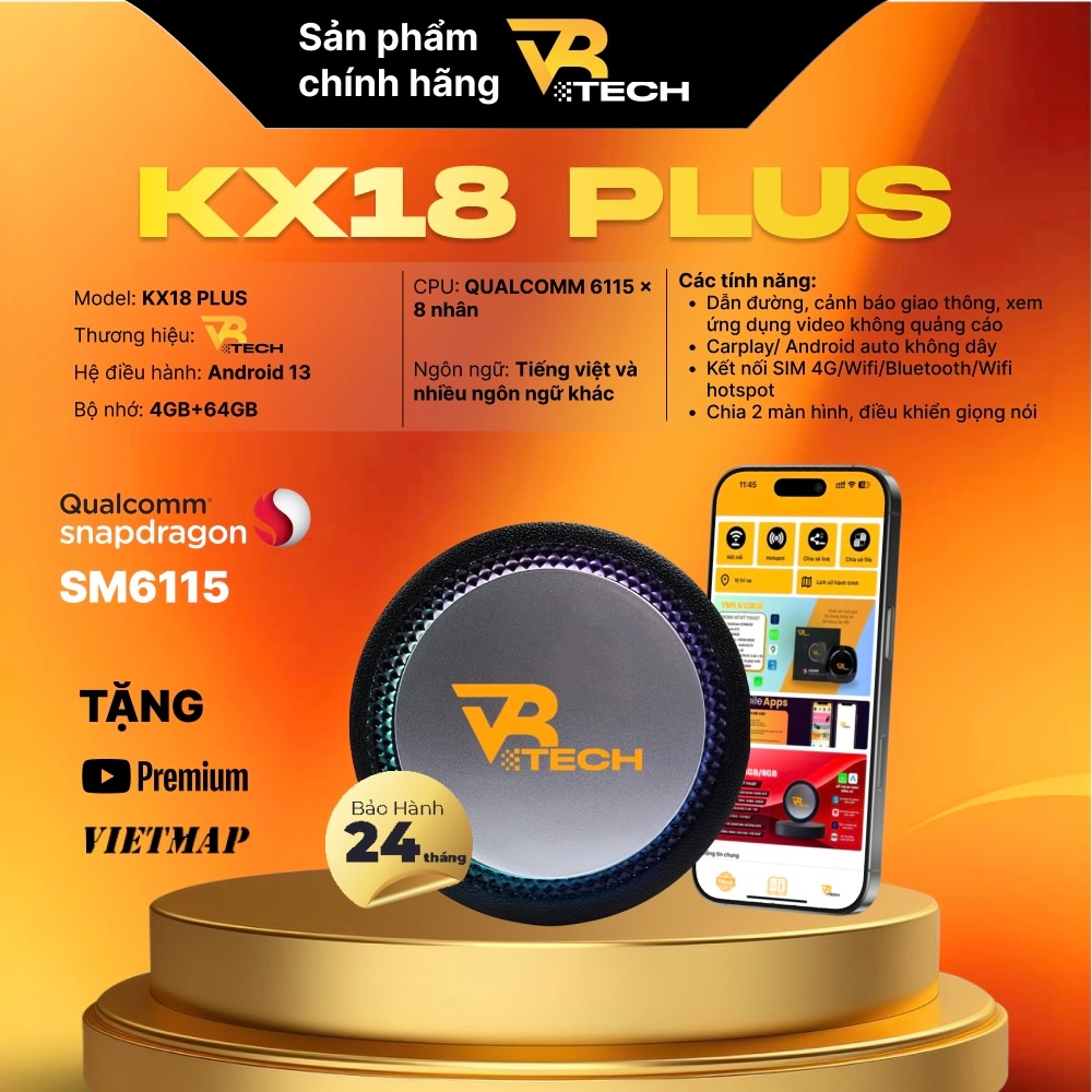 Android Box Ô Tô 2026 Chính Hãng VRTECH KX-18 Plus & Pro 2025 Chính Hãng, 2 Phiên Bản CPU 8 Nhân QCM6115,QCM6225,Carplay | BigBuy360 - bigbuy360.vn