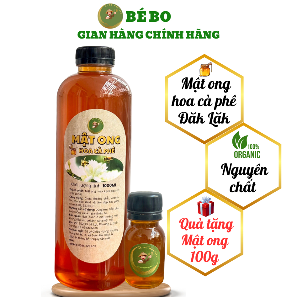 Mật Ong Hoa Cà Phê Nguyên Chất, Mật Ong Thiên Nhiên BÉ BO [500ML - 1000ML]