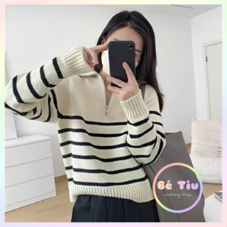 Áo Len Cổ Polo Khóa Kéo Nửa Dành Cho Nữ Mùa Thu Đông Chất Len Mềm Mại, Áo Len Cổ Bẻ Sọc Tay Dài Dáng Vừa | Bé Tiu Clothi