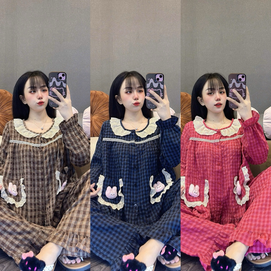 Set Bộ Đũi Tiểu Thư Pijama Thỏ Đính Quần Suông Bèo -HN CLOSET