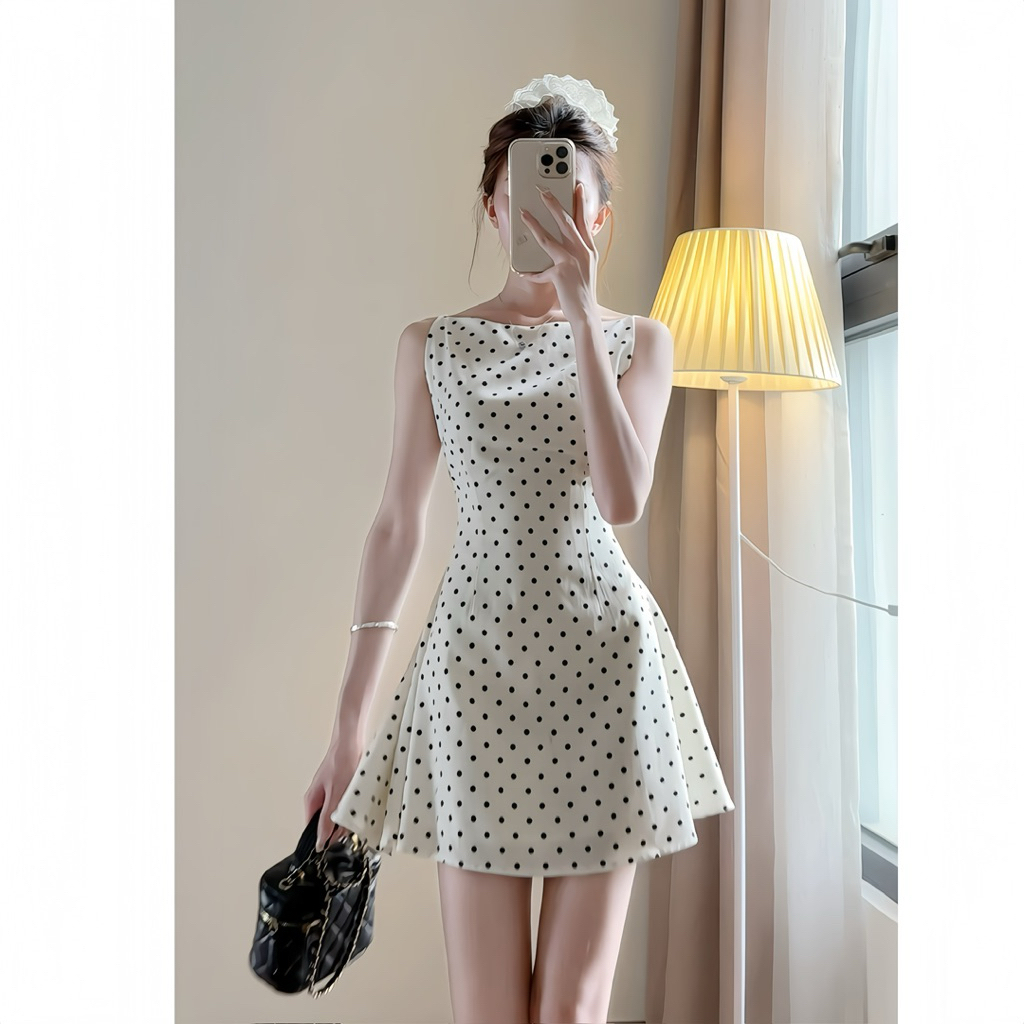 Váy cổ thuyền họa tiết chấm bi dáng xòe chất chéo hàn quốc xixeoshop - V172 chấm bi | BigBuy360 - bigbuy360.vn