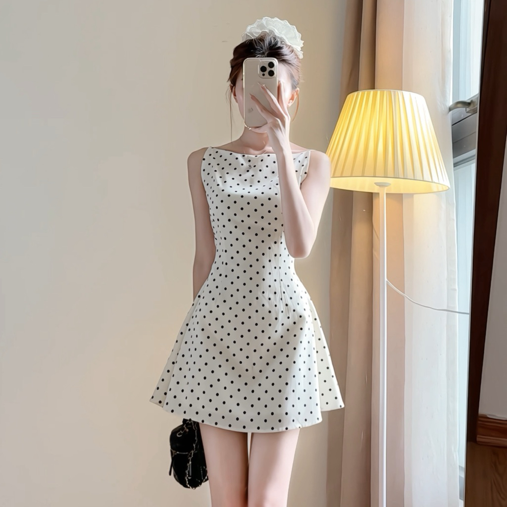 Váy cổ thuyền họa tiết chấm bi dáng xòe chất chéo hàn quốc xixeoshop - V172 chấm bi | BigBuy360 - bigbuy360.vn