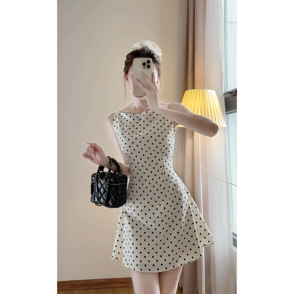 Váy cổ thuyền họa tiết chấm bi dáng xòe chất chéo hàn quốc xixeoshop - V172 chấm bi | BigBuy360 - bigbuy360.vn