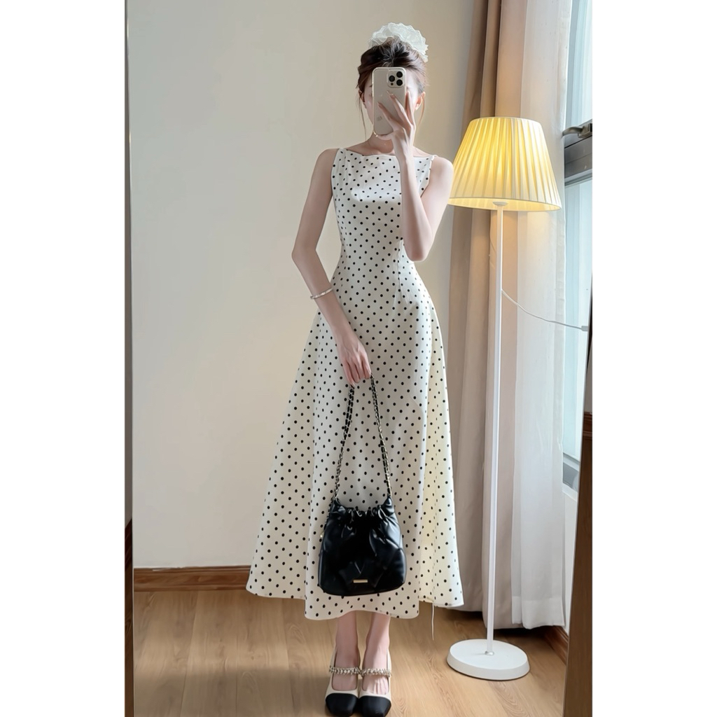 Váy cổ thuyền họa tiết chấm bi dáng xòe chất chéo hàn quốc xixeoshop - V172 chấm bi | BigBuy360 - bigbuy360.vn
