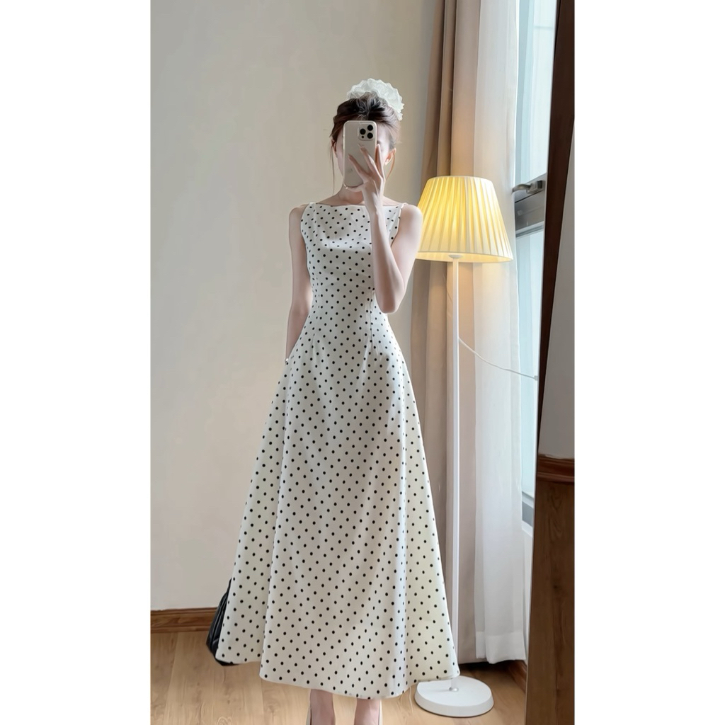 Váy cổ thuyền họa tiết chấm bi dáng xòe chất chéo hàn quốc xixeoshop - V172 chấm bi | BigBuy360 - bigbuy360.vn