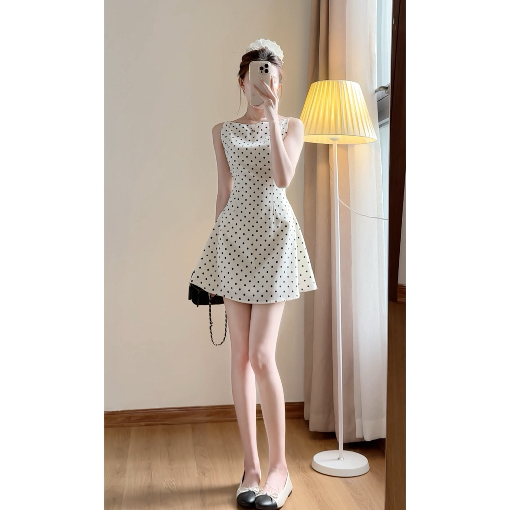 Váy cổ thuyền họa tiết chấm bi dáng xòe chất chéo hàn quốc xixeoshop - V172 chấm bi | BigBuy360 - bigbuy360.vn