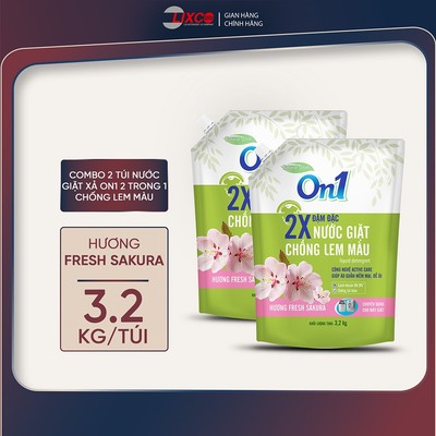 Combo 2 túi nước giặt xả On1 chống lem màu hương Fresh Sakura 3.2Kg/ túi 2C- 20602 sạch khuẩn, khử mùi