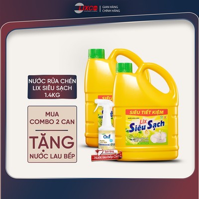 Combo 2 nước rửa chén Lix siêu sạch hương chanh can 1,4kg tặng 1 nước lau bếp On1 tinh dầu chanh Yuzu, 2C-NS142+N6701