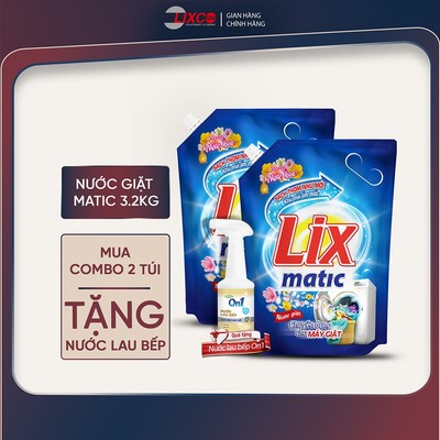Combo 2 túi nước giặt Lix Matic hương nước hoa 3,2kg/ túi, sạch thơm như mới tặng 1 nước lau bếp On1, 2C-NGM04+N6701