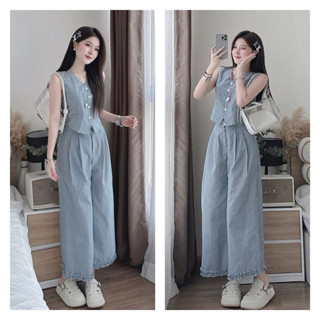 Set Gile Nữ Áo Vest Cộc Tay Sọc Xanh Kèm Quần Dài Suông Viền Bèo Phong Cách Thanh Lịch Trẻ Trung