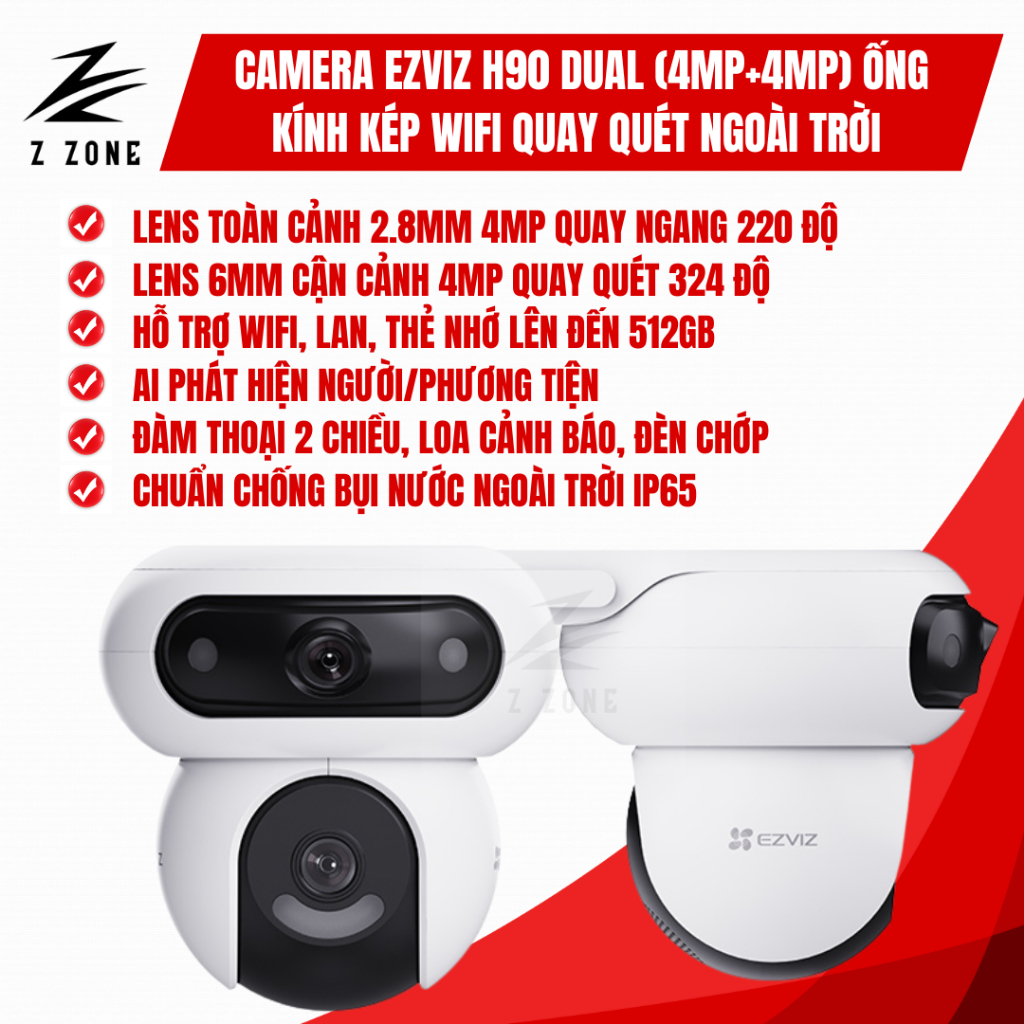 Camera EZVIZ H90 Dual (4MP+4MP) 2K+ – Quay Quét 2 Ống Kính, AI Thông Minh, Loa, Đèn Chớp