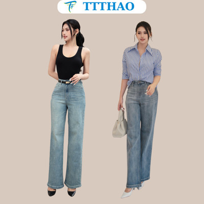 Quần jeans nữ ống suông TTTHAO cao cấp kiểu dáng quần jeans nữ ống rộng dài 103cm VNXK phong cách quần jean nữ basic J15