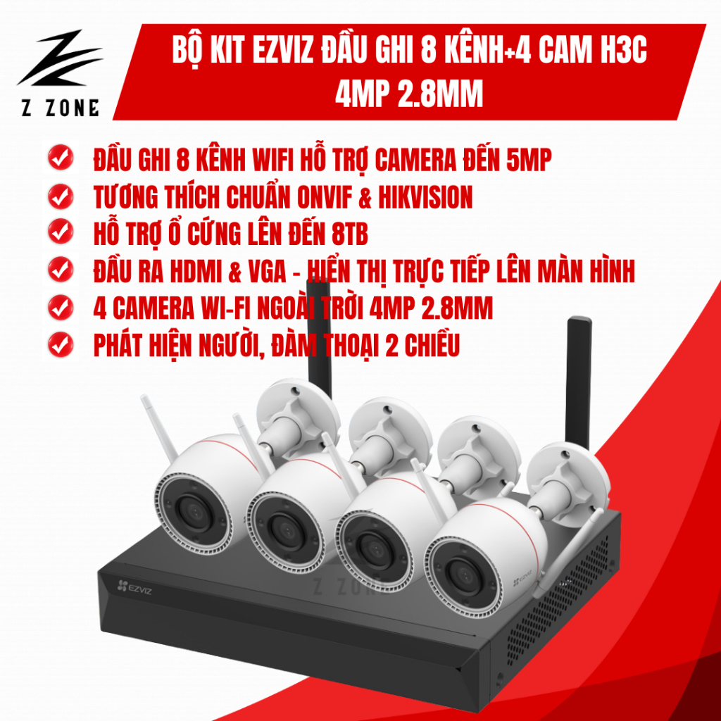 Bộ KIt 4 Camera Ezviz Đầu Ghi 8 kênh+4 Camera H3C 4MP 2.8mm Lắp Ngoài Trời Đầu Ra HDMI