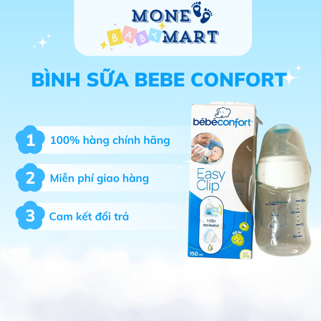 Bình sữa cho bé sơ sinh chống sặc nhập khẩu cổ rộng Bebeconfort thủy tinh made in Pháp 130ml