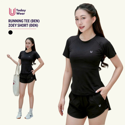 Set bộ đồ thể thao nữ áo thun Running Tee đen mix quần Zoey Short đen Today U Wear chạy bộ cầu lông tennis pickleball
