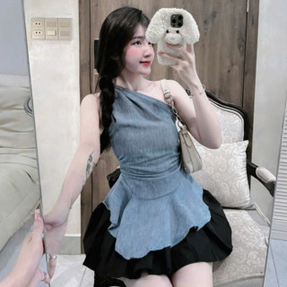 Set váy nữ áo jean lụa lệch vai tà cách điệu phối chân váy đen chất mango dáng xòe sang chảnh tôn dáng cho nàng đi chơi