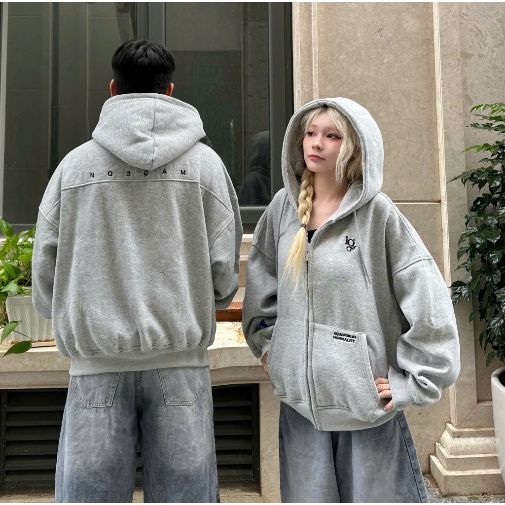 Áo Khoác Hoodie Zip Nỉ Cotton Thêu Nổi NQ30 AM Form Boxy Nam Nữ Unisex | BigBuy360 - bigbuy360.vn