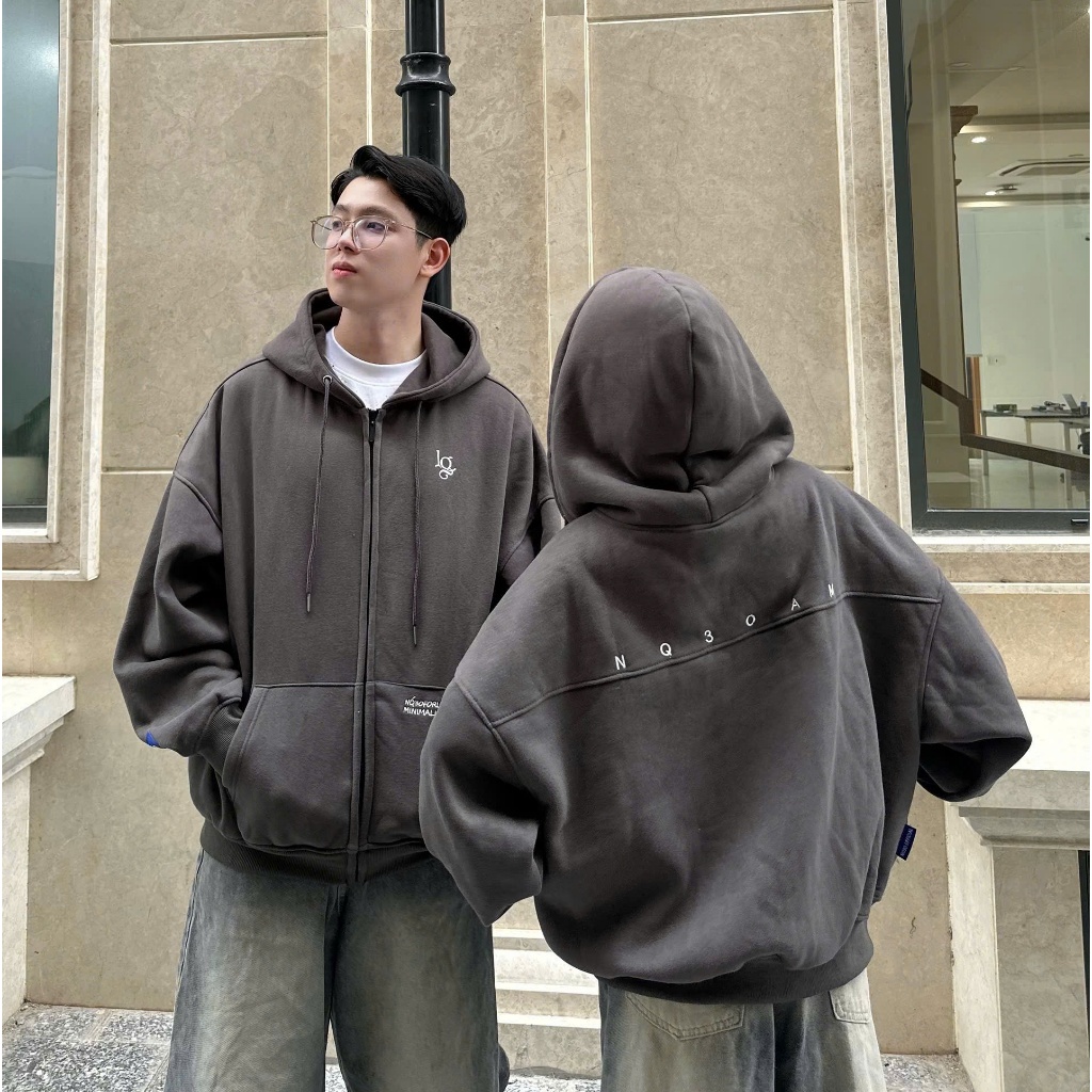 Áo Khoác Hoodie Zip Nỉ Cotton Thêu Nổi NQ30 AM Form Boxy Nam Nữ Unisex | BigBuy360 - bigbuy360.vn