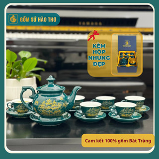 Bộ ấm trà Bát Tràng men xanh Mallard họa tiết nhũ vàng 500ml, Bộ ấm chén cao cấp quà tặng thanh lịch