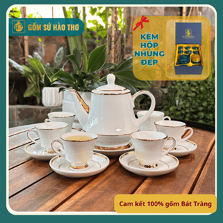  Bộ ấm chén men trắng Bát Tràng kẻ chỉ viền vàng kim Bộ ấm trà gốm sứ cao cấp thanh lịch 