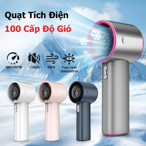 Quạt cầm tay mini tích điện gió mạnh 16000 vòng/phút có dây đeo pin 4000mAh, màn hình LED hiển thị, type-C SP01