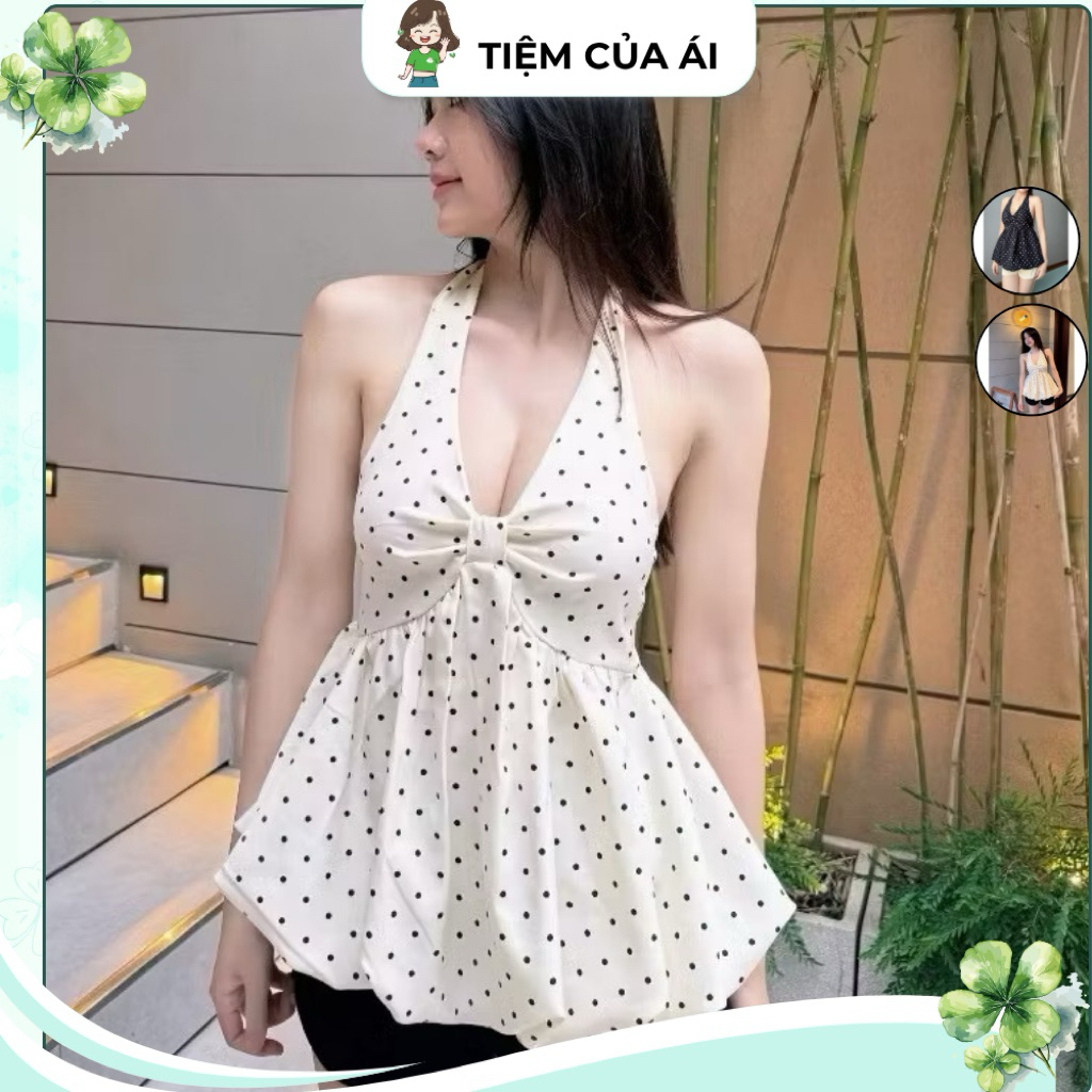 (Có Mút) Áo Yếm Chấm Bi Nhún Ngực Form Bí Xoè Lưng Chun co giãn