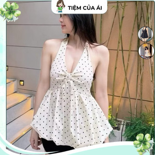   Có Mút  Áo Yếm Chấm Bi Nhún Ngực Form Bí Xoè Lưng Chun co giãn 