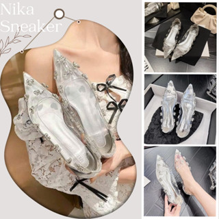 Giày Pha Lê Đính Đá Mũi Nhọn, Giày Đế Bệt Gót Đỏ Hàng Đẹp Dễ Phối Êm Chân || N06