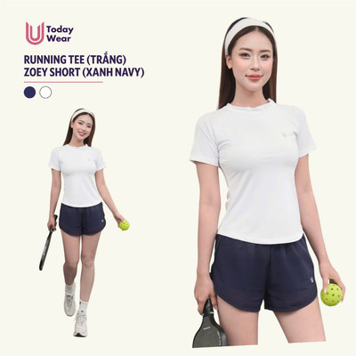 Set bộ đồ thể thao nữ áo Running Tee trắng mix quần Zoey Short xanh navy Today U Wear trẻ trung năng động pickleball