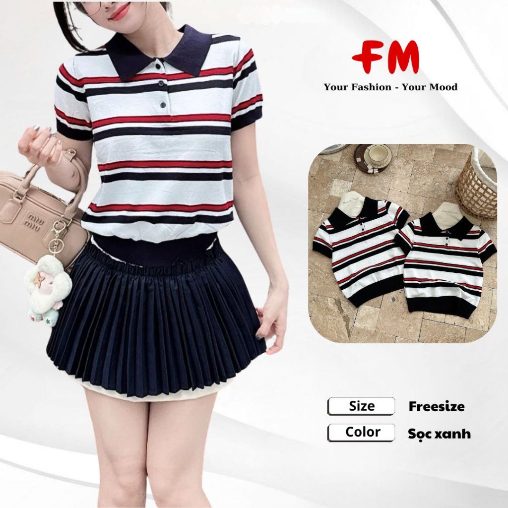 Áo Kiểu Dệt Kim Tay Ngắn Nữ FMSTYLE Cổ polo kẻ màu to 3 nút form croptop basic Freesize 25080056