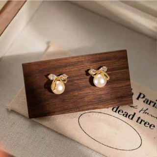  Khuyên tai bạc nữ PMJ Ribon ngọc trai xi vàng hình nơ Phúc Minh jewelry bông tai bạc ý 925 PMJS0633K 