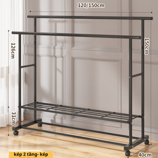  Giá treo quần áo có bánh xe kệ treo quần áo 2 tầng khung sắt sơn tĩnh điện vô cùng chắc chắn 