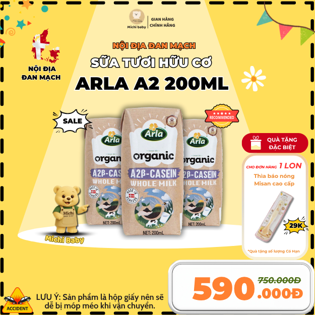 (Voucher 80k) 1 Thùng 20 Hộp Sữa Tươi UHT Hữu Cơ Đạm A2 Arla Đan Mạch 200ml - Michi Baby MC888