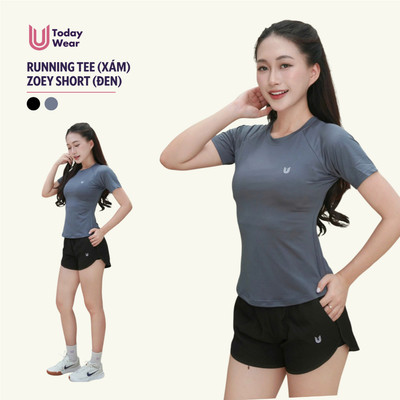 Set bộ đồ thể thao nữ áo thun Running Tee xám mix quần Zoey Short đen Today U Wear tôn dáng trẻ trung năng động
