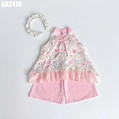 Set Áo Sát Nách Cổ Yếm Hoa Quần Lụa Kèm Cài Cho Bé Gái Sơ Sinh 1 2 3 4 5 Tuổi MINTSCLOSET - GA2398
