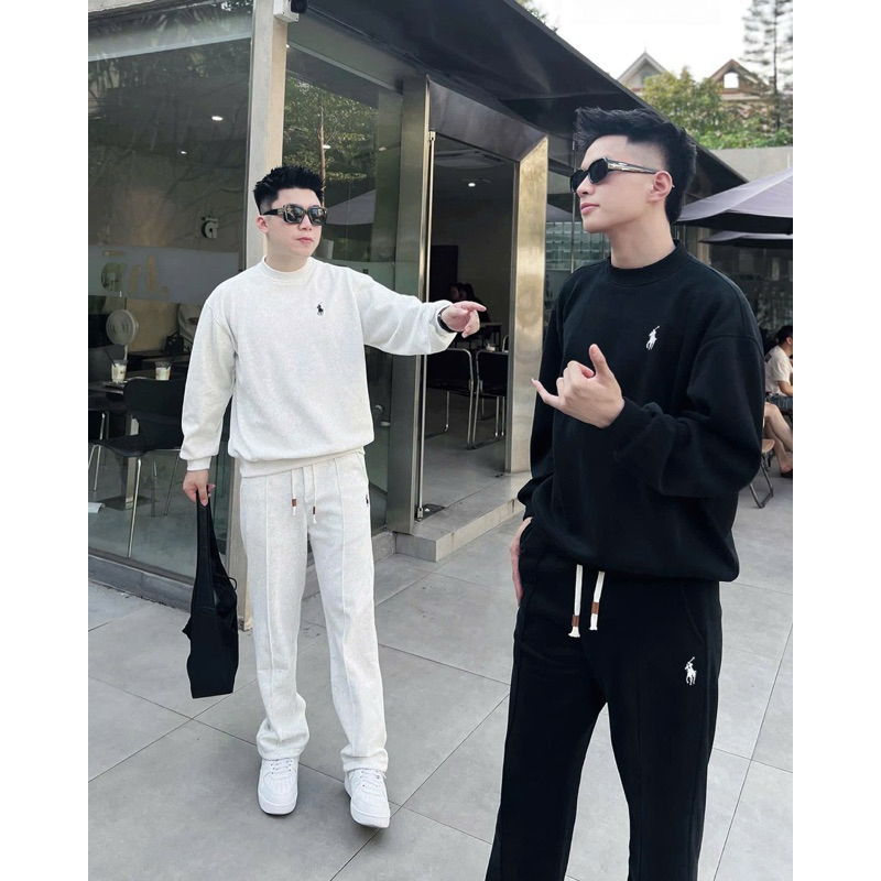 Set Bộ Nỉ Bông Trơn Thêu Logo Ngựa Form Suông Rộng Dành Cho Nam- Nữ