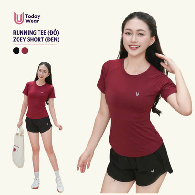 Set bộ đồ thể thao nữ áo thun Running Tee đỏ mix quần Zoey Short đen Today U Wear chạy bộ cầu lông tennis pickleball