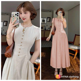  Đầm HYNA thiết kế cổ tròn đính cúc ngực đầm liền dáng xoè dài tay ngắn sang trọng lịch sự tinh tế nhẹ nhàng cuốn hút 